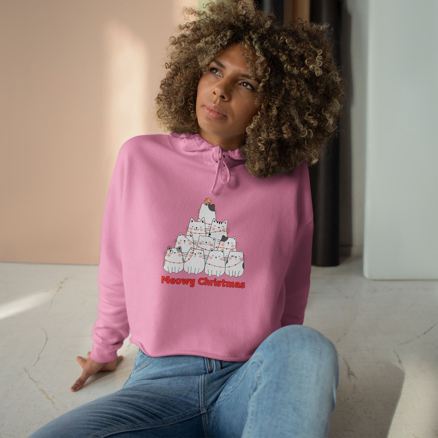 Meowy Christmas Crop Hoodie - Fun & Festive Cat Design