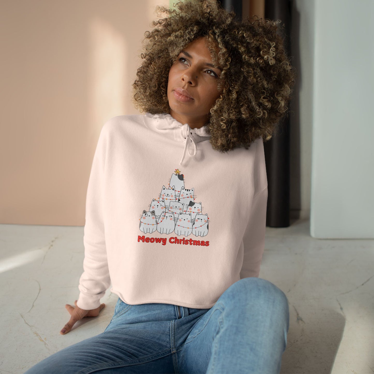 Meowy Christmas Crop Hoodie - Fun & Festive Cat Design