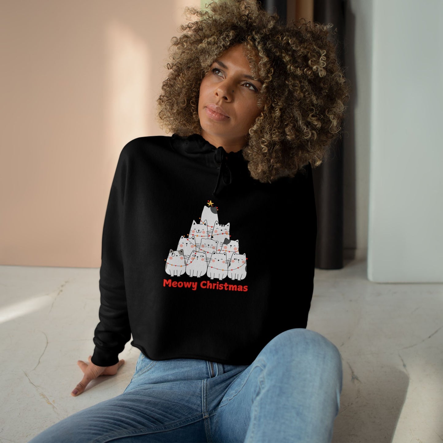 Meowy Christmas Crop Hoodie - Fun & Festive Cat Design