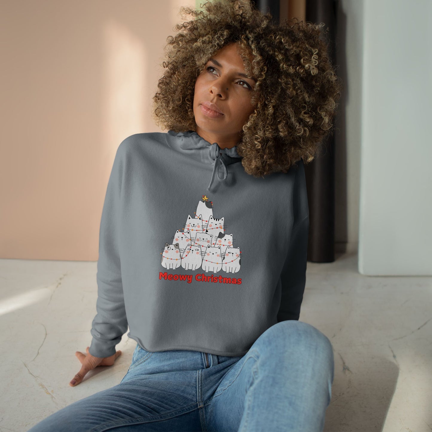 Meowy Christmas Crop Hoodie - Fun & Festive Cat Design