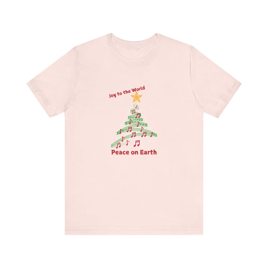 Joy to the World Christmas Tee - Unisex Short Sleeve Shirt with Musical Tree Design