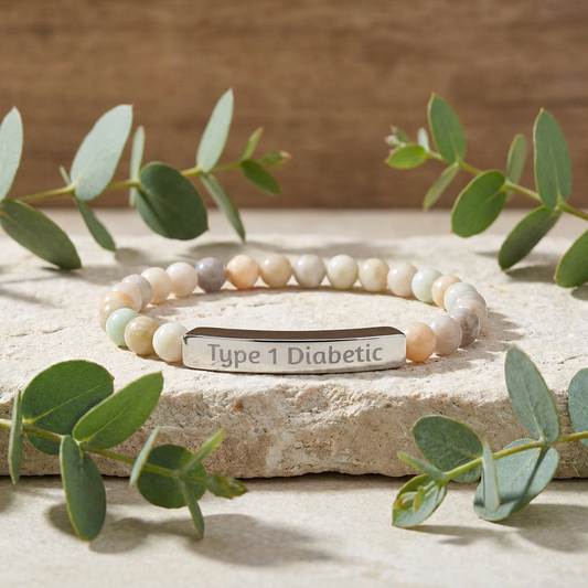 Type 1 Diabetes Medical Alert Natural Stone Stretch Bracelet — Personalized Engraved ID for Kids & Adults