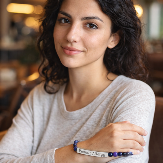Custom Peanut & Tree Nut Allergy Medical Alert Bracelet — Engraved Natural Stone Stretch Bracelet