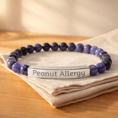 Custom Peanut & Tree Nut Allergy Medical Alert Bracelet — Engraved Natural Stone Stretch Bracelet