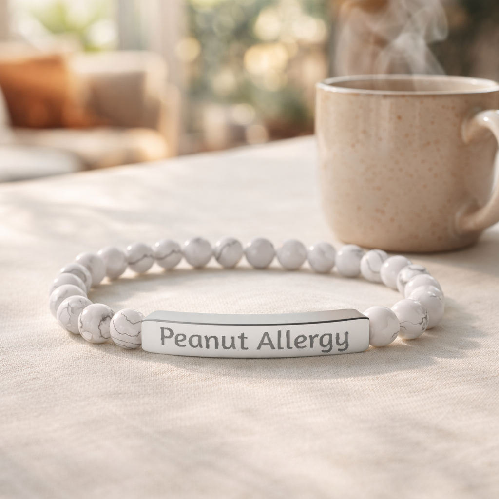 Custom Peanut & Tree Nut Allergy Medical Alert Bracelet — Engraved Natural Stone Stretch Bracelet