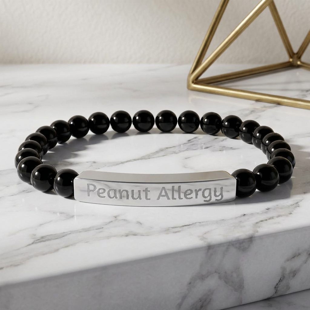 Custom Peanut & Tree Nut Allergy Medical Alert Bracelet — Engraved Natural Stone Stretch Bracelet