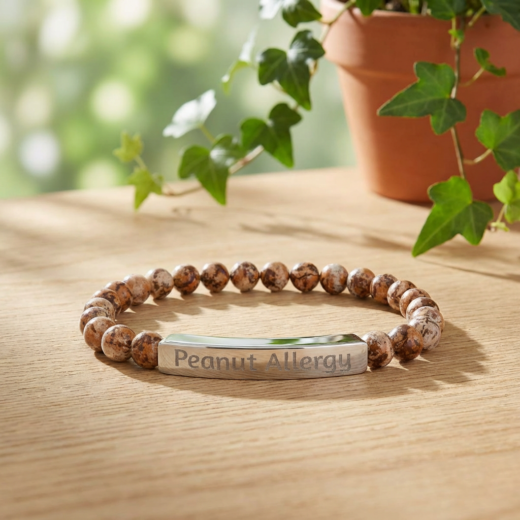 Custom Peanut & Tree Nut Allergy Medical Alert Bracelet — Engraved Natural Stone Stretch Bracelet