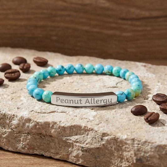Custom Peanut & Tree Nut Allergy Medical Alert Bracelet — Engraved Natural Stone Stretch Bracelet