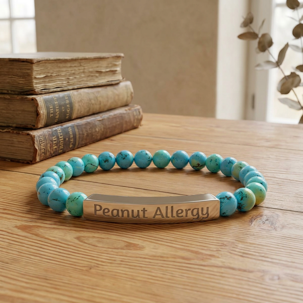 Custom Peanut & Tree Nut Allergy Medical Alert Bracelet — Engraved Natural Stone Stretch Bracelet
