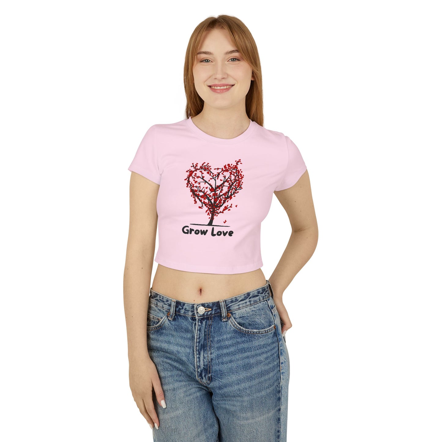 Grow Love Women's Baby Tee - Cute Heart Tree Design for Nature Lovers